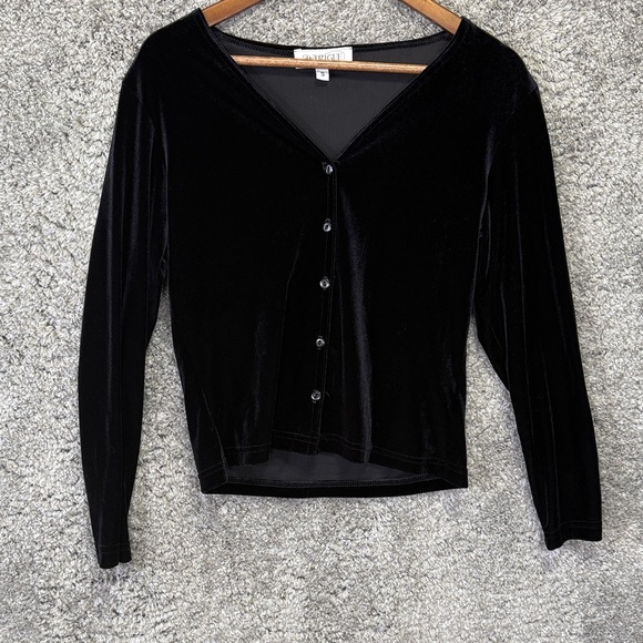 Vintage Sweaters - Vintage Black Velvet Button-Down Shirt Cardigan 90s Whimsigoth Size Small